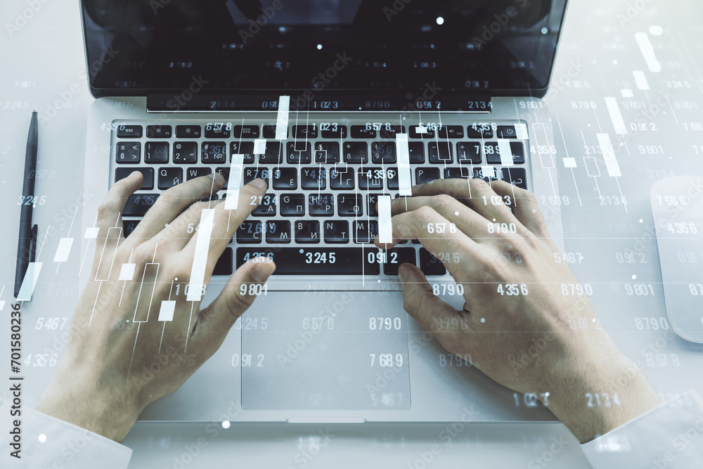 Aufkleber double exposure of abstract creative statistics data hologram with hands typing on laptop on backgro