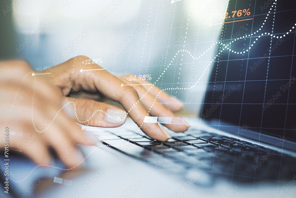 Poster double exposure of abstract creative statistics data hologram with hands typing on laptop on backgro