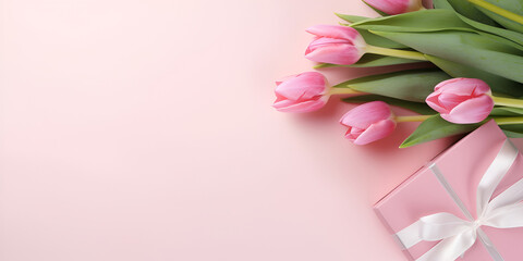 Gift box with a bouquet of pink tulips on a light background, an elegant composition for festive events.