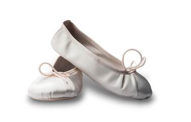 A pair of elegant light pink soft ballet practice shoes isolated on transparent background. 