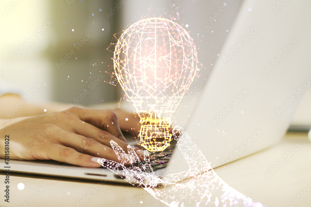 Poster creative light bulb hologram with hands typing on computer keyboard on background, idea concept. mul