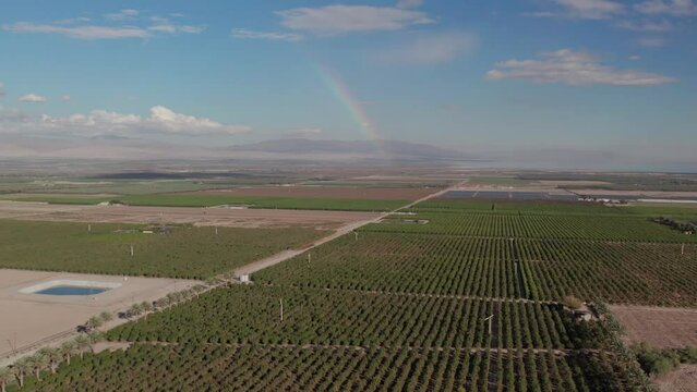 Aerial view of fields with a rainbow and the salton sea in the distance
