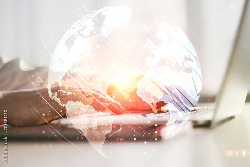 Poster double exposure of abstract digital world map and hand typing on laptop on background, big data and 