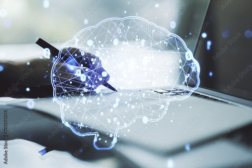 Poster creative artificial intelligence concept with human brain sketch and hand writing in diary on backgr