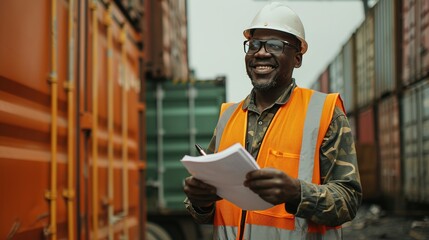 Logistics, inspection, shipping and black man writing notes working at storage container port. African industrial manager happy with documents for cargo at an outdoor manufacturing warehouse - obrazy, fototapety, plakaty