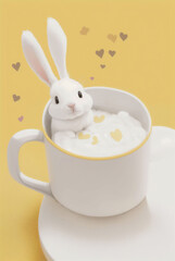 A white mug sits inside a cute white bunny, on a plain background, Easter card. Generative AI