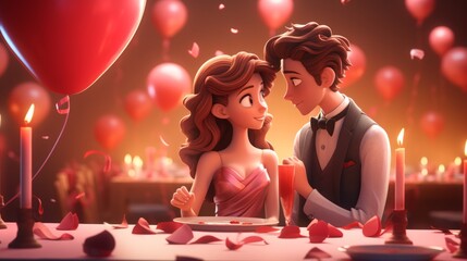 Cute cartoon couple celebrating valentines day dinner date
