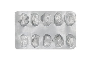 Empty pills of blister pack isolated on white background. Empty silver blister. Used blister pill. Empty blister pack from drugs.