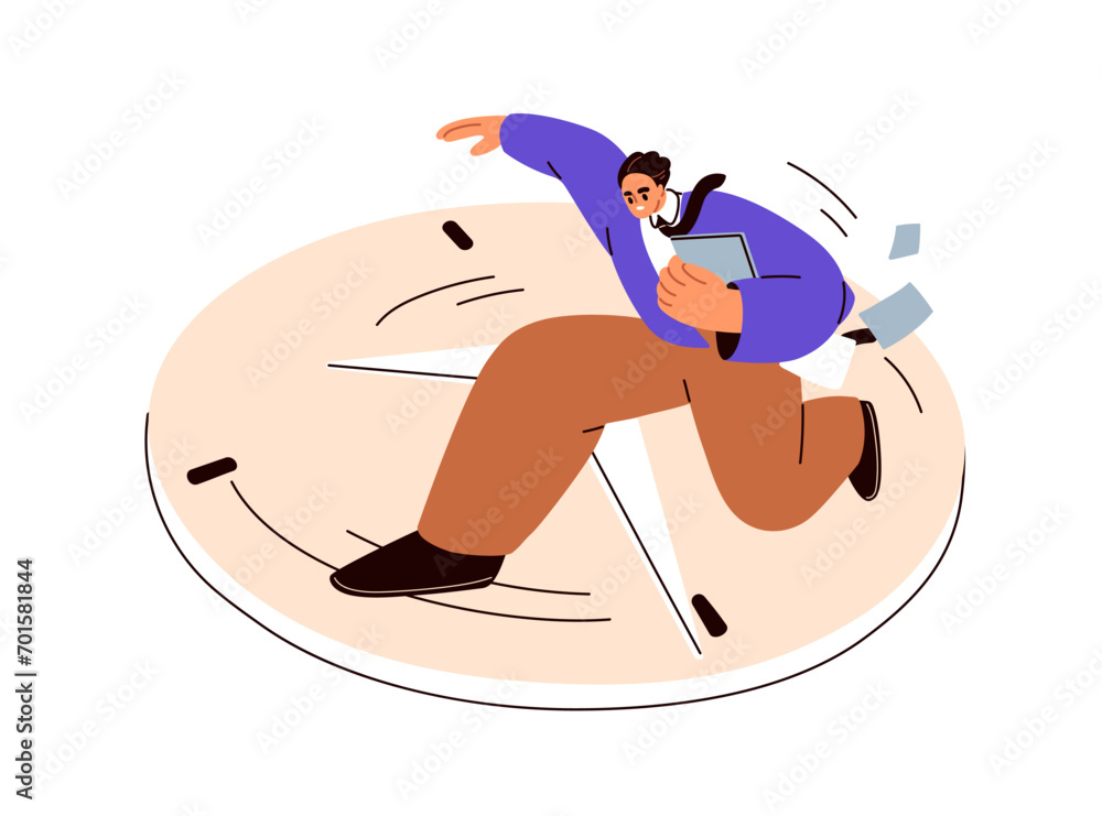 Poster deadline pressure and bad time-management concept. busy hectic business man hurrying. stressed offic