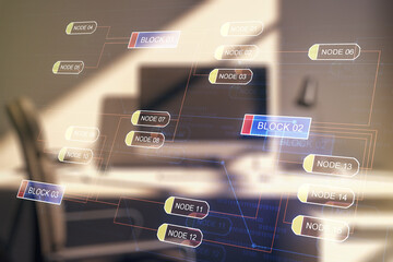 Double exposure of abstract creative programming illustration and modern desk with computer on background, big data and blockchain concept