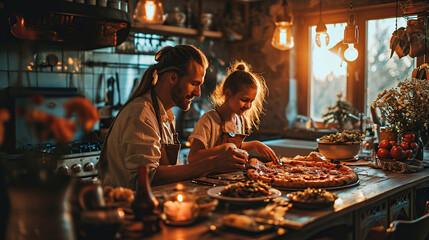 Mother, father and daughter eat together in the kitchen. They were eating a large pizza. - obrazy, fototapety, plakaty