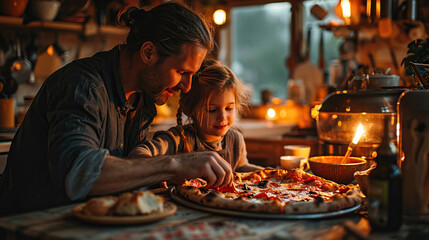 Obraz premium Mother, father and daughter eat together in the kitchen. They were eating a large pizza.