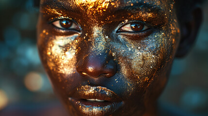 Closeup portrait, fantasy beauty of African woman, face in gold color. Skin glows golden - obrazy, fototapety, plakaty