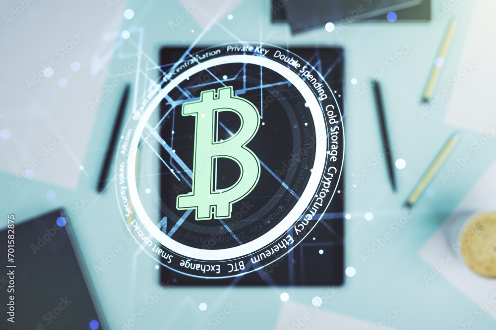 Poster double exposure of creative bitcoin symbol and digital tablet on background, top view. cryptocurrenc