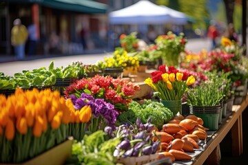 A display of spring produce and blooms at a sunny market - obrazy, fototapety, plakaty
