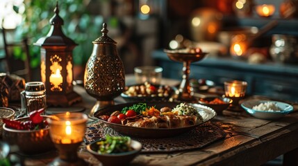 Ramadan Iftar Table with Traditional Moroccan Lanterns, Spiced Couscous, and Dates - Festive Culinary Celebration, Experience Culinary Delights: Arabic Dining, Lantern-Lit Evenings Gourmet Ramadan