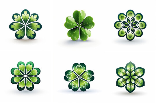 set Green abstract logo in the shape of a clover, vector image on a white background, ideal for branding, ecology and logo design.
