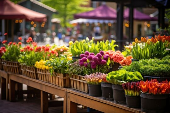 Colorful spring flowers for sale at an outdoor market