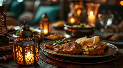 Fototapeta premium Ramadan Iftar Table with Traditional Moroccan Lanterns, Spiced Couscous, and Dates - Festive Culinary Celebration, Experience Culinary Delights: Arabic Dining, Lantern-Lit Evenings Gourmet Ramadan
