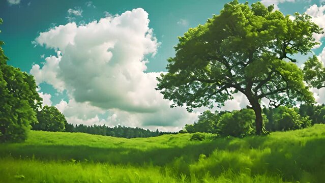 3d cartoon animation with blue sky, white clouds and trees on the grassland