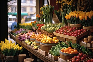 Springtime display at a market with tulips and fresh produce