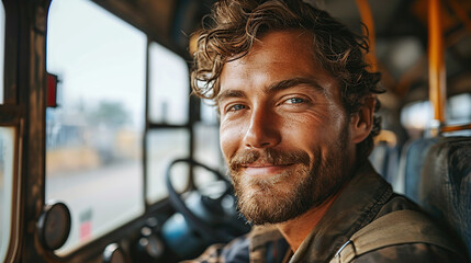 Portrait of a handsome Caucasian bus driver smiling while in public transportation. - obrazy, fototapety, plakaty