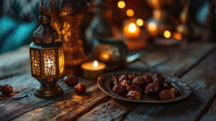 Close up Arabic meal on wooden table with dates and lamp at night of Iftar party, Muslims Ramadan food after fasting festive at Islam home dawn sunset time. Halal food.