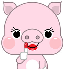Cute cartoon pig applying lipstick