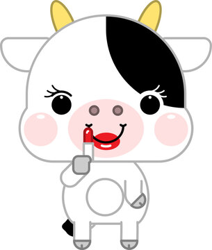 Cute cartoon cow applying lipstick