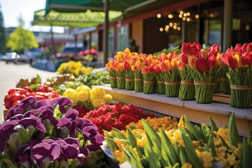 Sunlit tulips and vibrant florals at a spring market stall