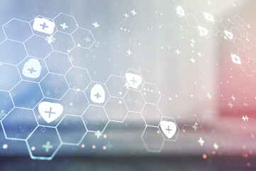 Abstract virtual medical illustration on blurry modern office building background. Medicine and healthcare concept. Multiexposure