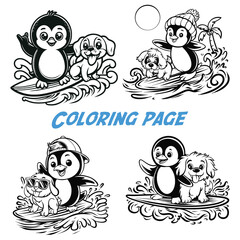 set of penguin and dog surfing. coloring page