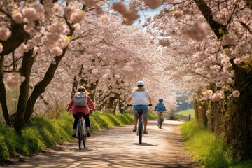 Obraz premium Family enjoys a bike ride under a canopy of spring cherry blossoms