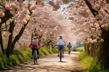 Family enjoys a bike ride under a canopy of spring cherry blossoms