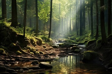 Sunbeams pierce through the forest, illuminating a serene stream