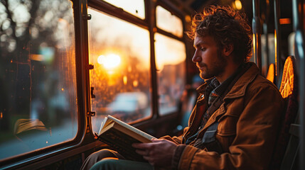 A man sits in a bus and reads a book. Daily life and traveling to work by public transport - obrazy, fototapety, plakaty