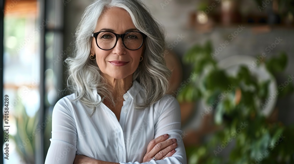 Poster Portrait of smiling senior grey-haired beautiful businesswoman stand with arms crossed posing for picture at workplace, happy confident aged woman worker or company ceo in glasses look at camera