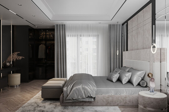 Contemporary gray-white bedroom with spacious built-in wardrobe