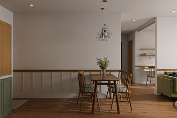 Home interior, modern white dining room interior, gray empty wall mock up, 3d render