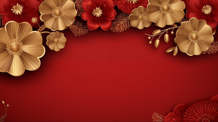 Happy Chinese New Year banner template. Traditional festival paper fans with gold and red flowers on red table.