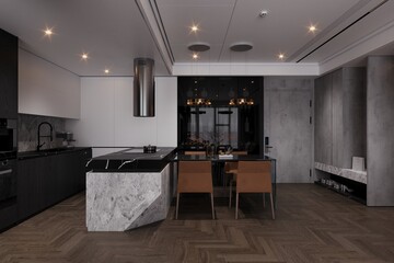 Modern kitchen, sleek design, high-end, minimalist style