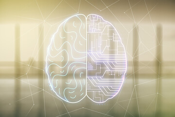 Virtual creative artificial Intelligence hologram with human brain sketch on modern interior...