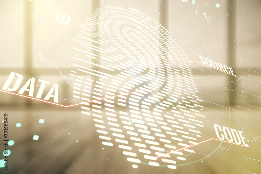 Poster Double exposure of virtual creative fingerprint hologram on empty modern office background, research and development concept