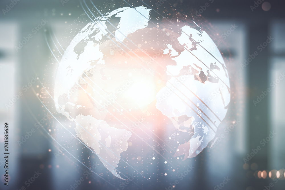 Poster multi exposure of abstract graphic world map on modern interior background, big data and networking 