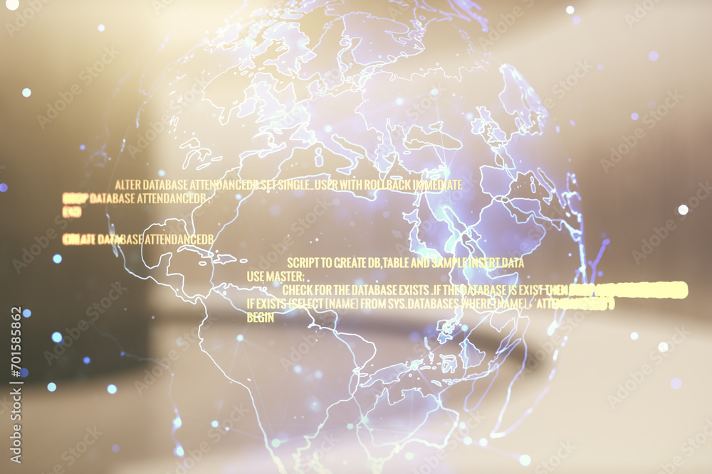 Fototapete double exposure of abstract creative programming illustration and world map on empty room interior b