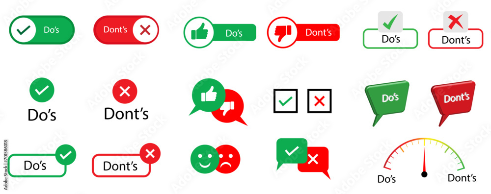 Wall mural do's and don'ts icon set in flat style. simple right and wrong sign icon set, good and bad vector il