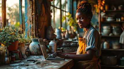 African female craftsman smiling using laptop in her studio - obrazy, fototapety, plakaty