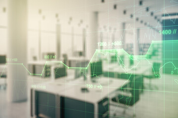 Multi exposure of abstract statistics data hologram interface on a modern furnished office interior background, computing and analytics concept