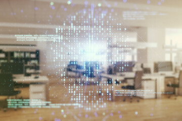 Abstract virtual code skull hologram on a modern furnished classroom background, cybercrime and...