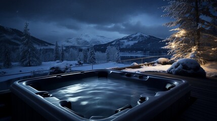 luxury hot tub on terrace in snowy winter landscape at night